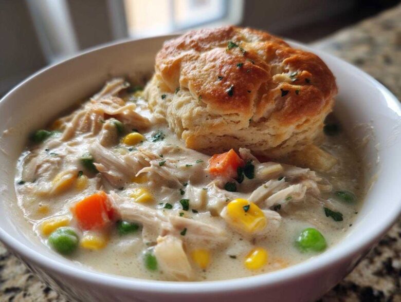 A close-up of creamy Chicken Pot Pie Soup topped with shredded chicken, vegetables, and a golden biscuit.