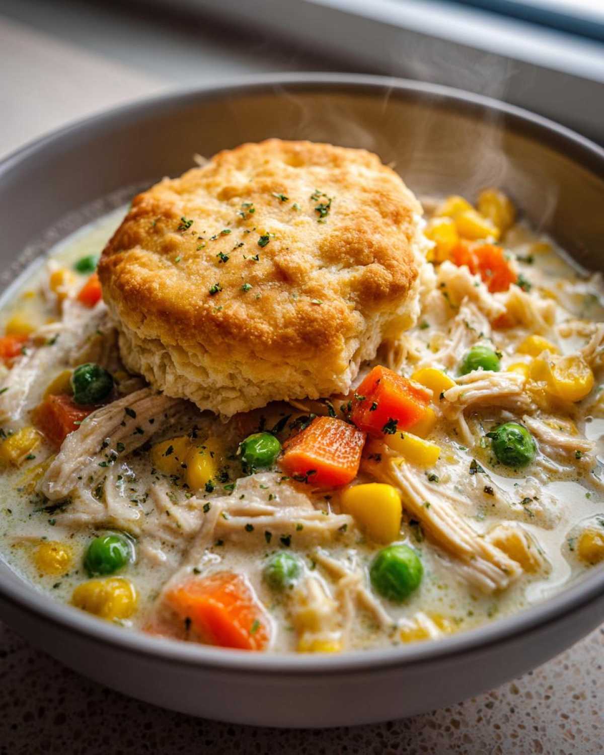 A close-up of hot Chicken Pot Pie Soup topped with a golden biscuit, featuring shredded chicken, carrots, peas, and corn.