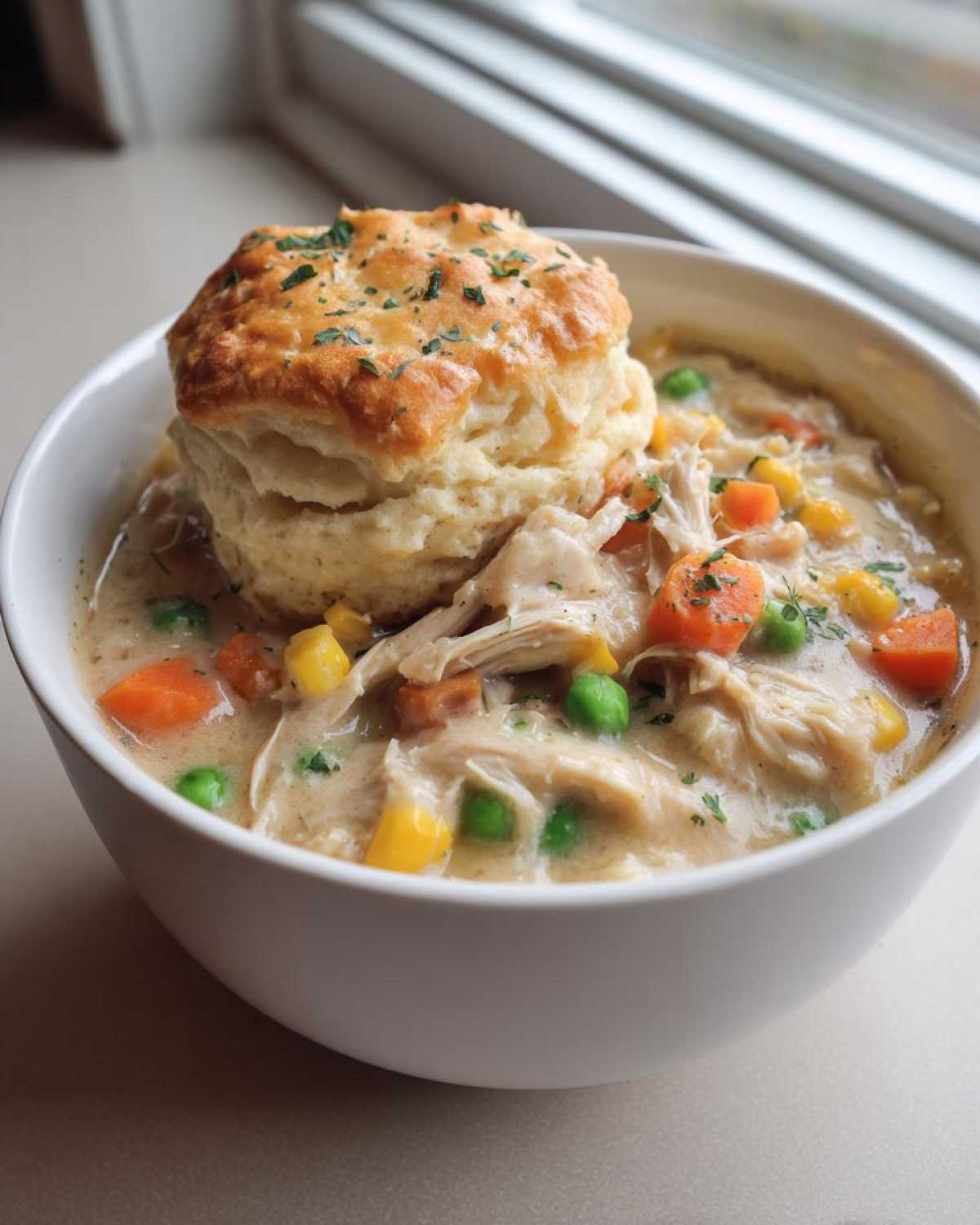 A bowl of creamy Chicken Pot Pie Soup loaded with shredded chicken and vegetables, topped with a golden biscuit.