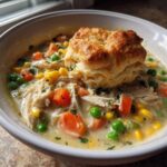 A bowl of creamy Chicken Pot Pie Soup filled with shredded chicken, peas, carrots, and corn, topped with a golden biscuit.