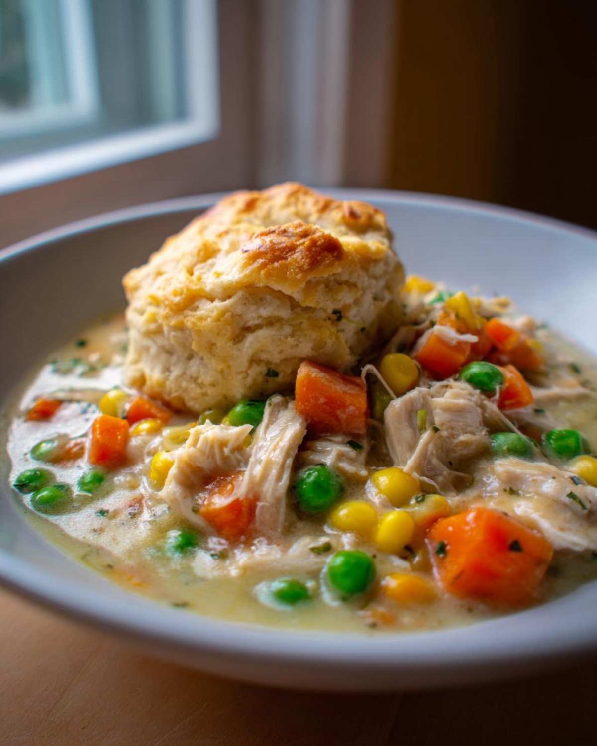 A close-up of creamy Chicken Pot Pie Soup filled with shredded chicken, carrots, peas, and corn, topped with a golden biscuit.