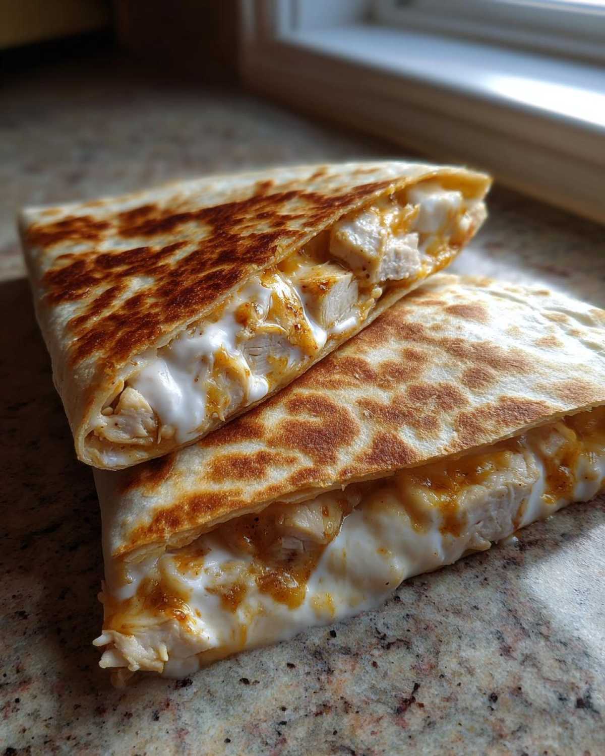 Two halves of a grilled chicken quesadilla oozing with cheese and Copycat Taco Bell Chicken Quesadilla Sauce.