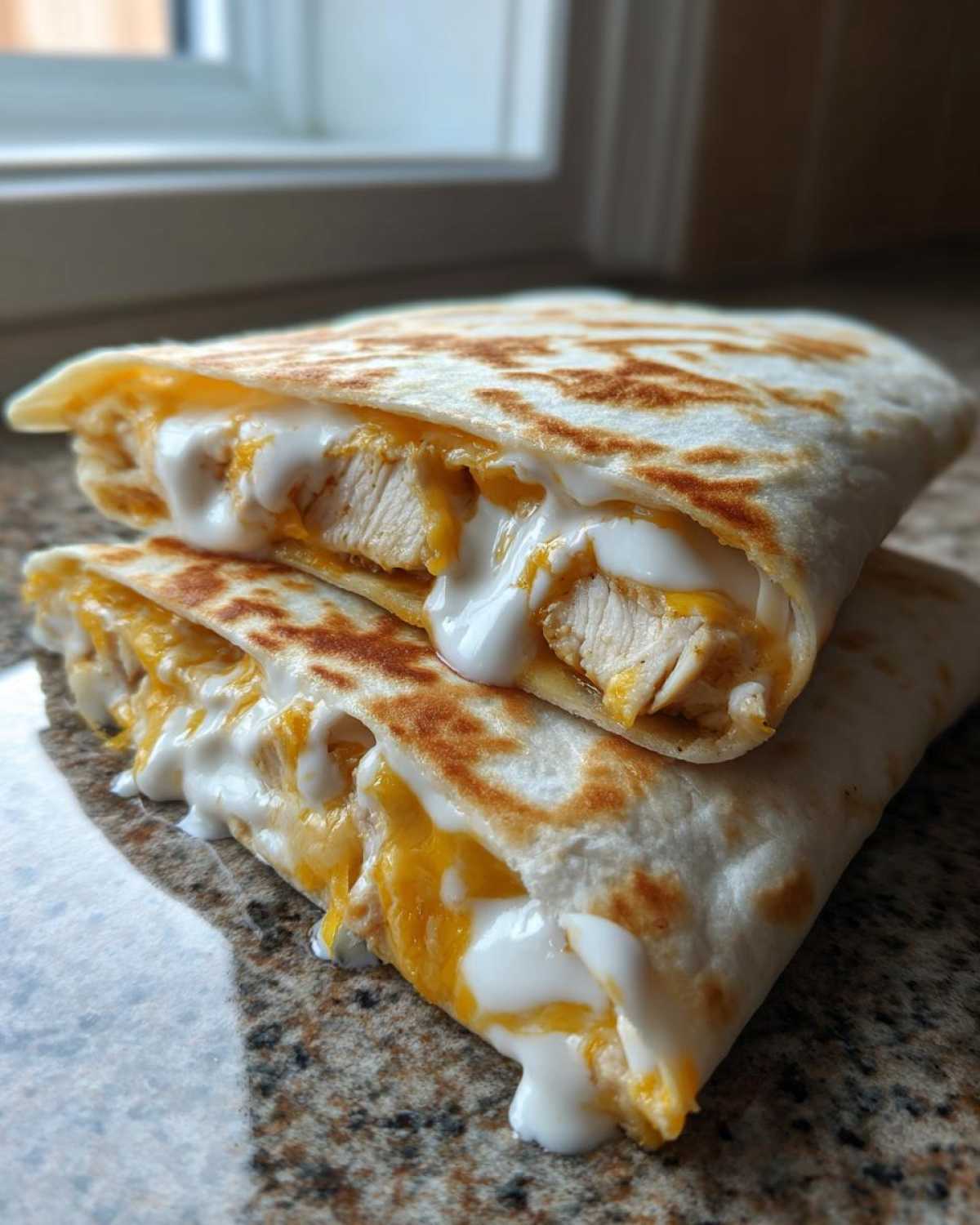 Two halves of a grilled chicken quesadilla overflowing with melted cheese and drizzled with creamy sauce, similar to Copycat Taco Bell Chicken Quesadilla Sauce.