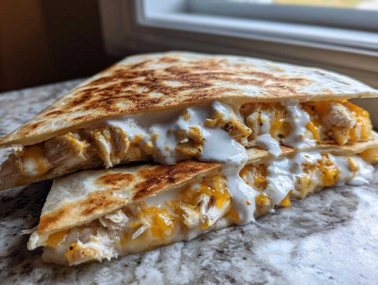 Close-up of a grilled chicken quesadilla cut in half, oozing melted cheese and drizzled with creamy Copycat Taco Bell Chicken Quesadilla Sauce.