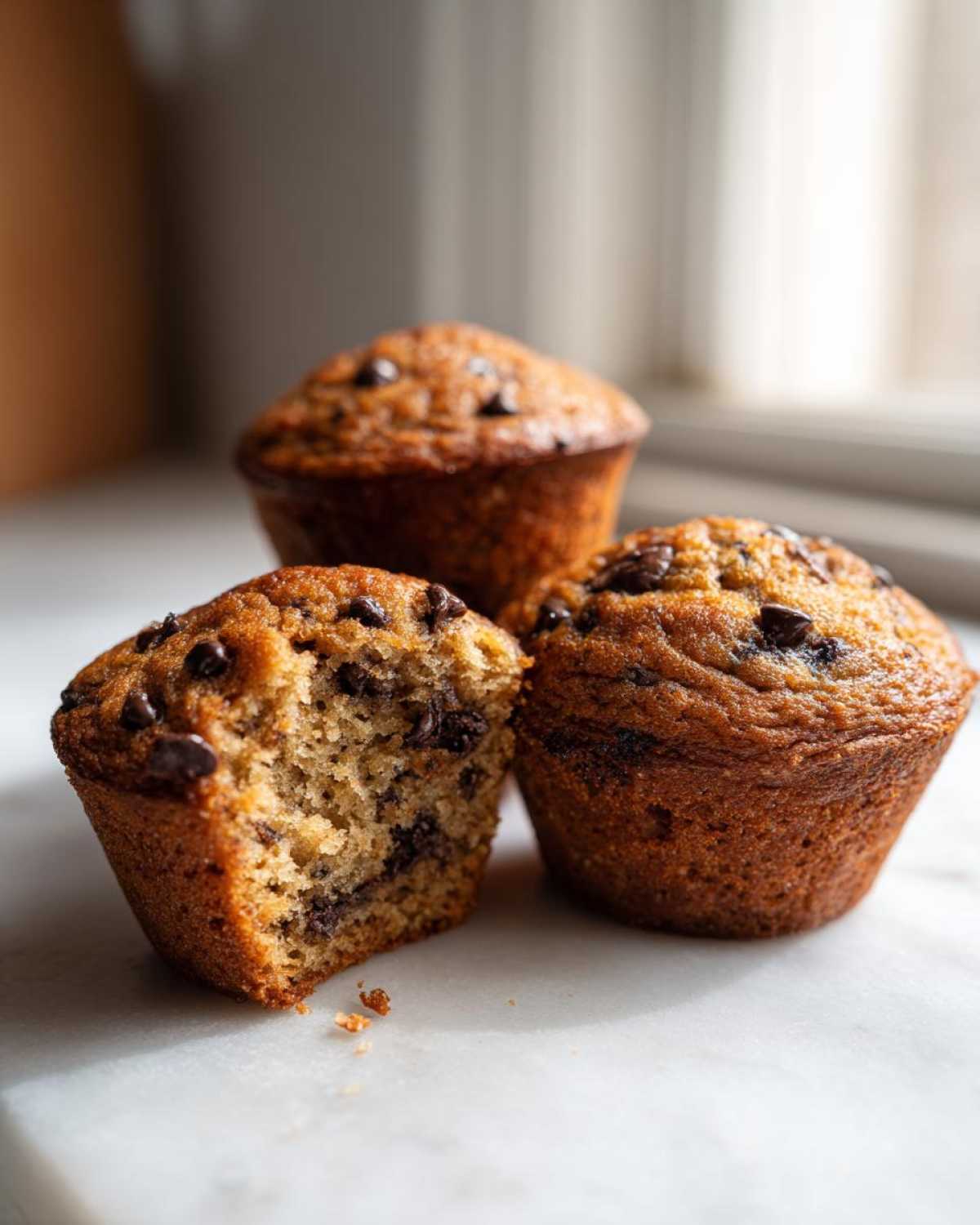Three golden brown Chocolate Chip Banana Muffins on a white marble surface, one of which has a bite taken out showing the moist interior.