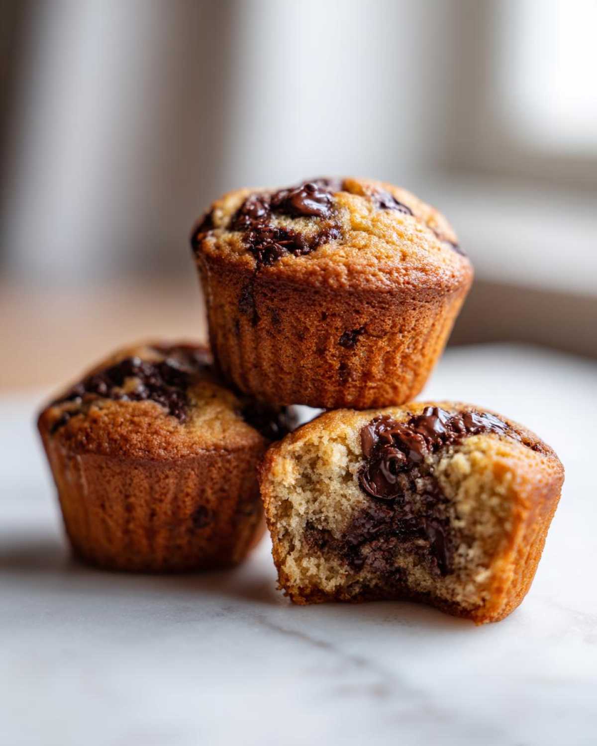 Three Chocolate Chip Banana Muffins stacked, one bitten to show the gooey melted chocolate center.