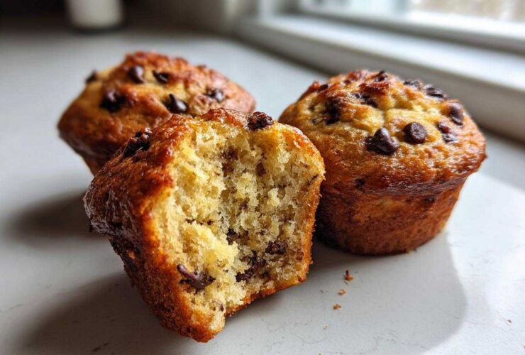 Close-up of moist Chocolate Chip Banana Muffins, one cut in half showing the soft interior texture.