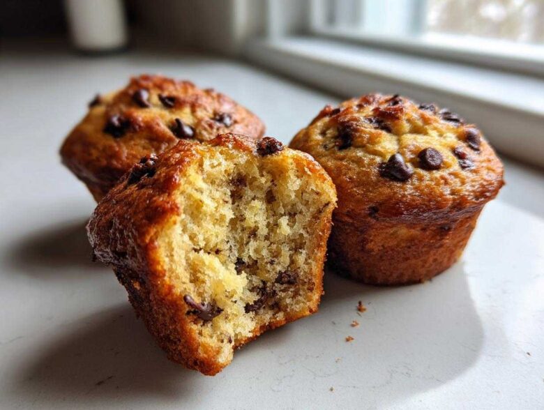 Close-up of moist Chocolate Chip Banana Muffins, one cut in half showing the soft interior texture.