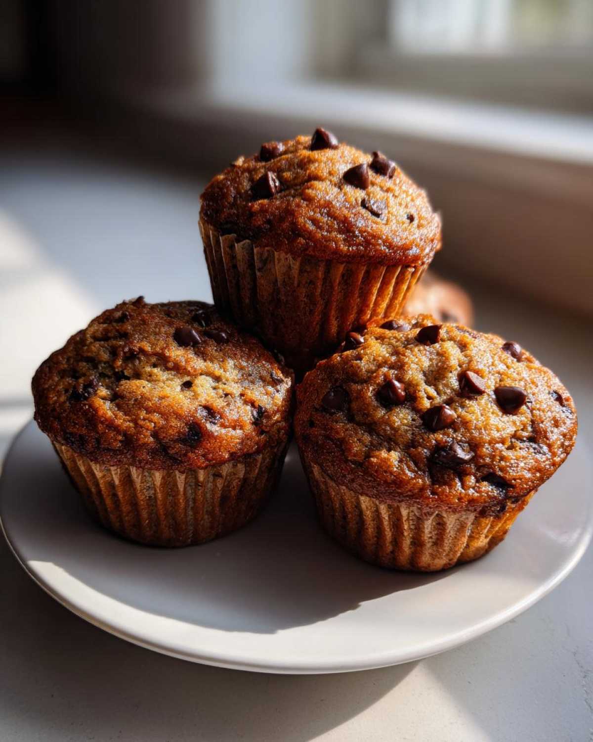 Three golden brown Chocolate Chip Banana Muffins stacked on a white plate, illuminated by sunlight.