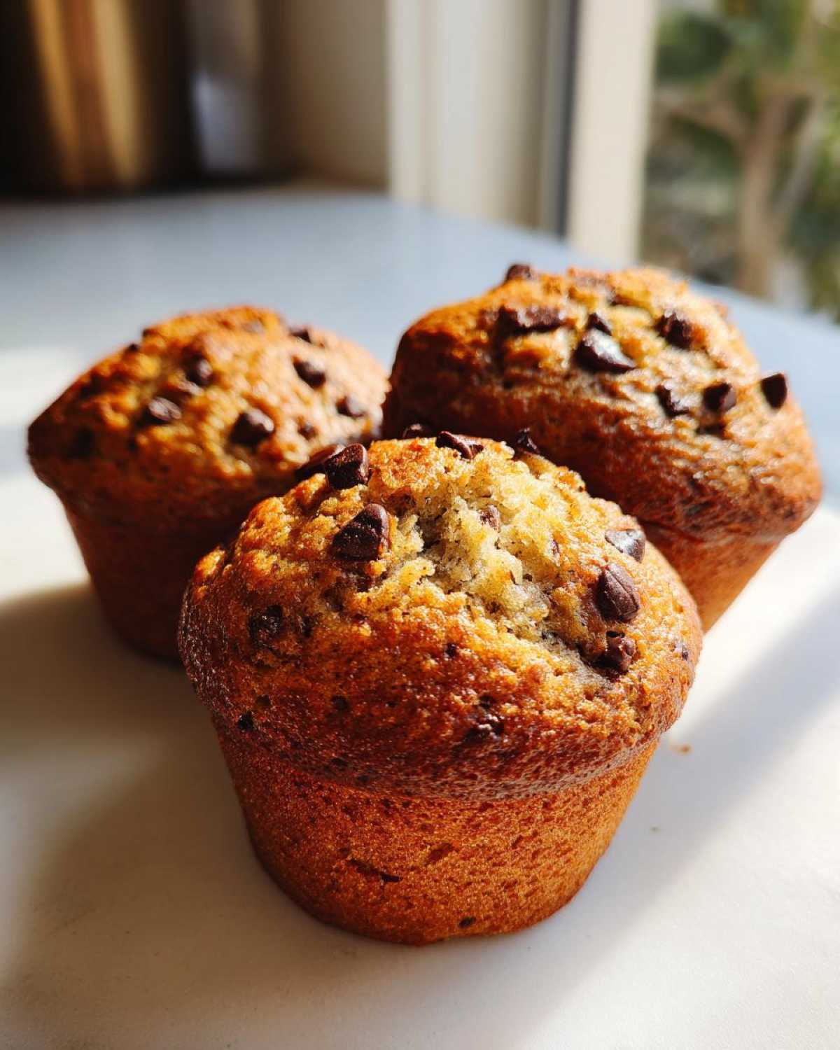 Three golden brown Chocolate Chip Banana Muffins topped with melted chocolate chips, sitting on a bright surface.
