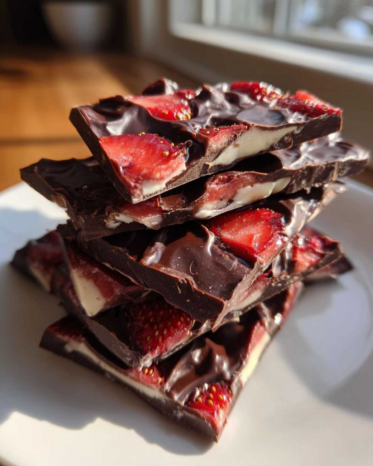 A stack of broken pieces of Chocolate Covered Strawberry Bark showing dark chocolate, white chocolate, and bright red strawberries.