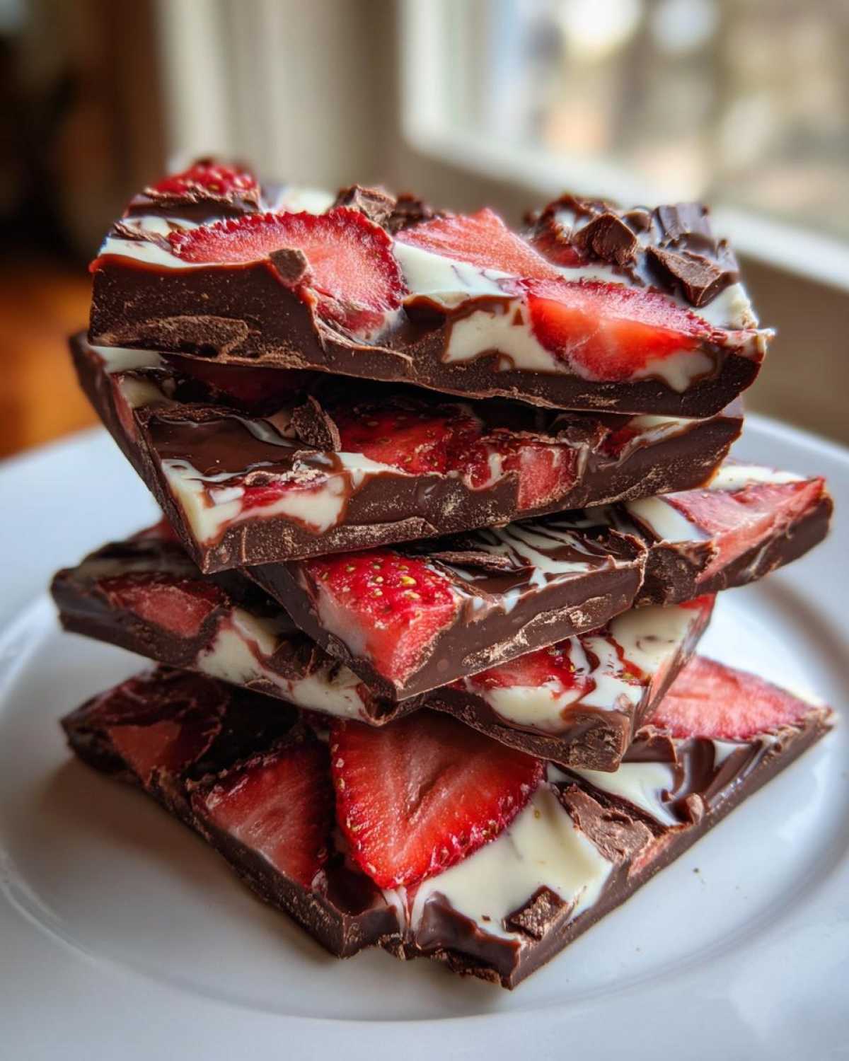 A stack of four rich pieces of Chocolate Covered Strawberry Bark featuring dark chocolate, white chocolate swirls, and fresh strawberry slices.