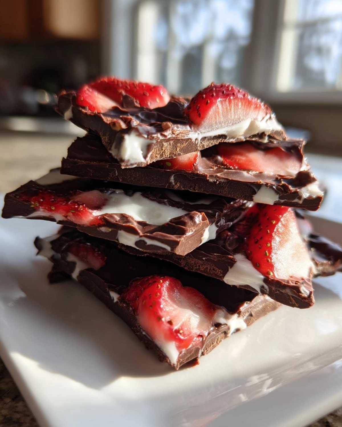 Stack of broken pieces of Chocolate Covered Strawberry Bark with dark chocolate, white filling, and fresh strawberry slices.