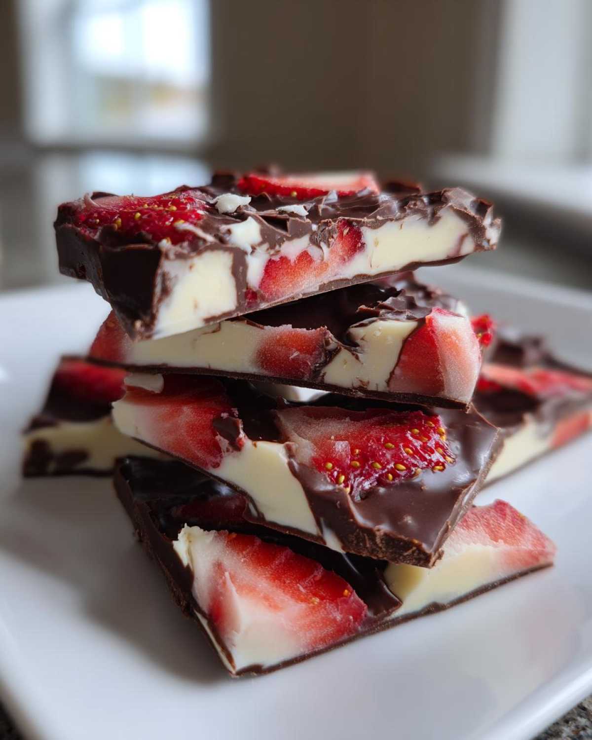 Close-up of stacked pieces of Chocolate Covered Strawberry Bark showing layers of dark chocolate, white filling, and fresh strawberries.