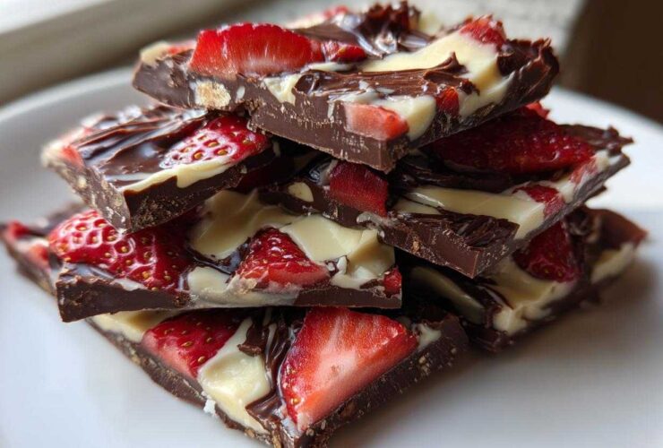 A stack of rich Chocolate Covered Strawberry Bark pieces featuring dark chocolate, white chocolate swirls, and fresh strawberry slices.