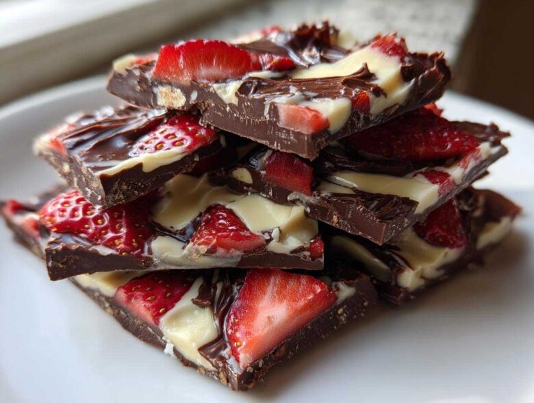 A stack of rich Chocolate Covered Strawberry Bark pieces featuring dark chocolate, white chocolate swirls, and fresh strawberry slices.