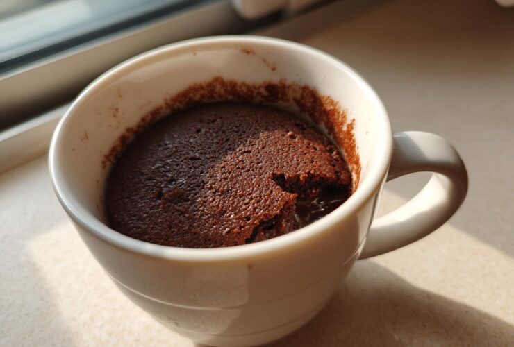 Close-up of a freshly baked Chocolate Lava Mug Cake inside a white mug, showing the rich, dark top.