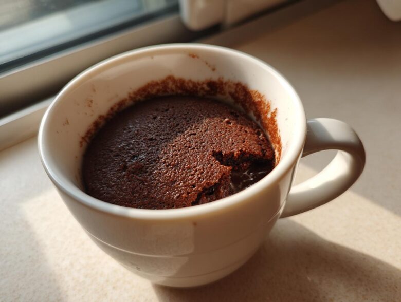 Close-up of a freshly baked Chocolate Lava Mug Cake inside a white mug, showing the rich, dark top.