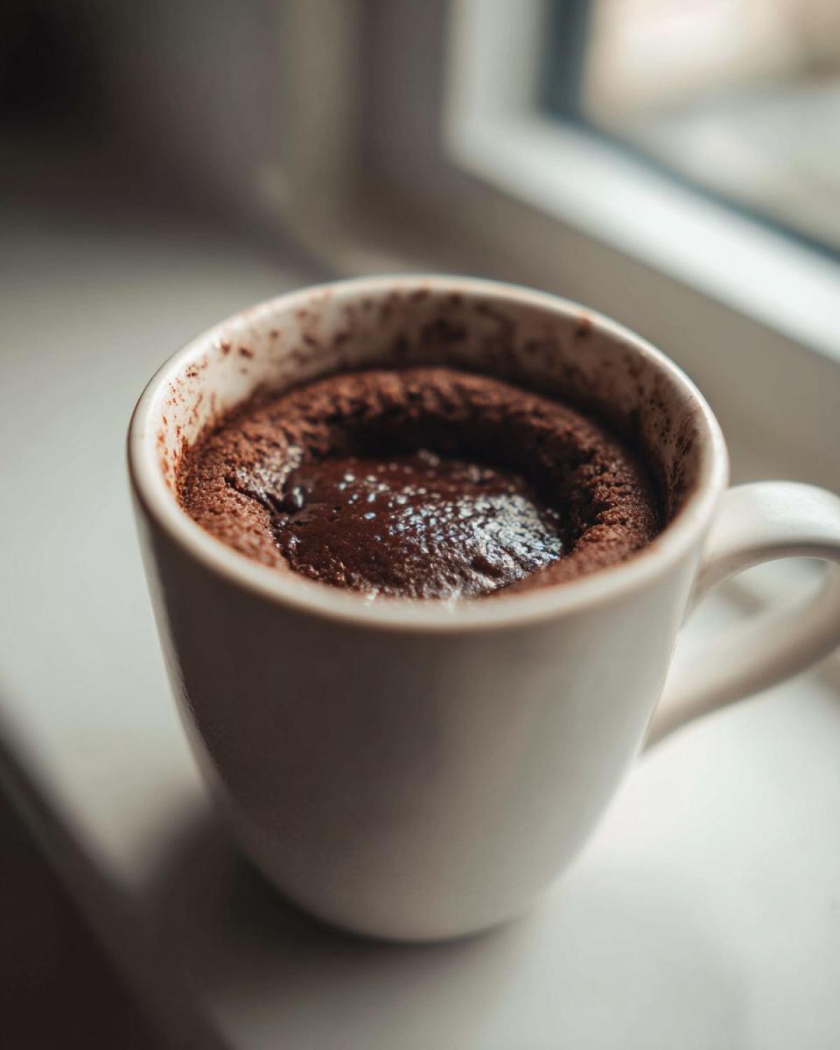 Close-up of a rich Chocolate Lava Mug Cake with a molten center in a white mug.