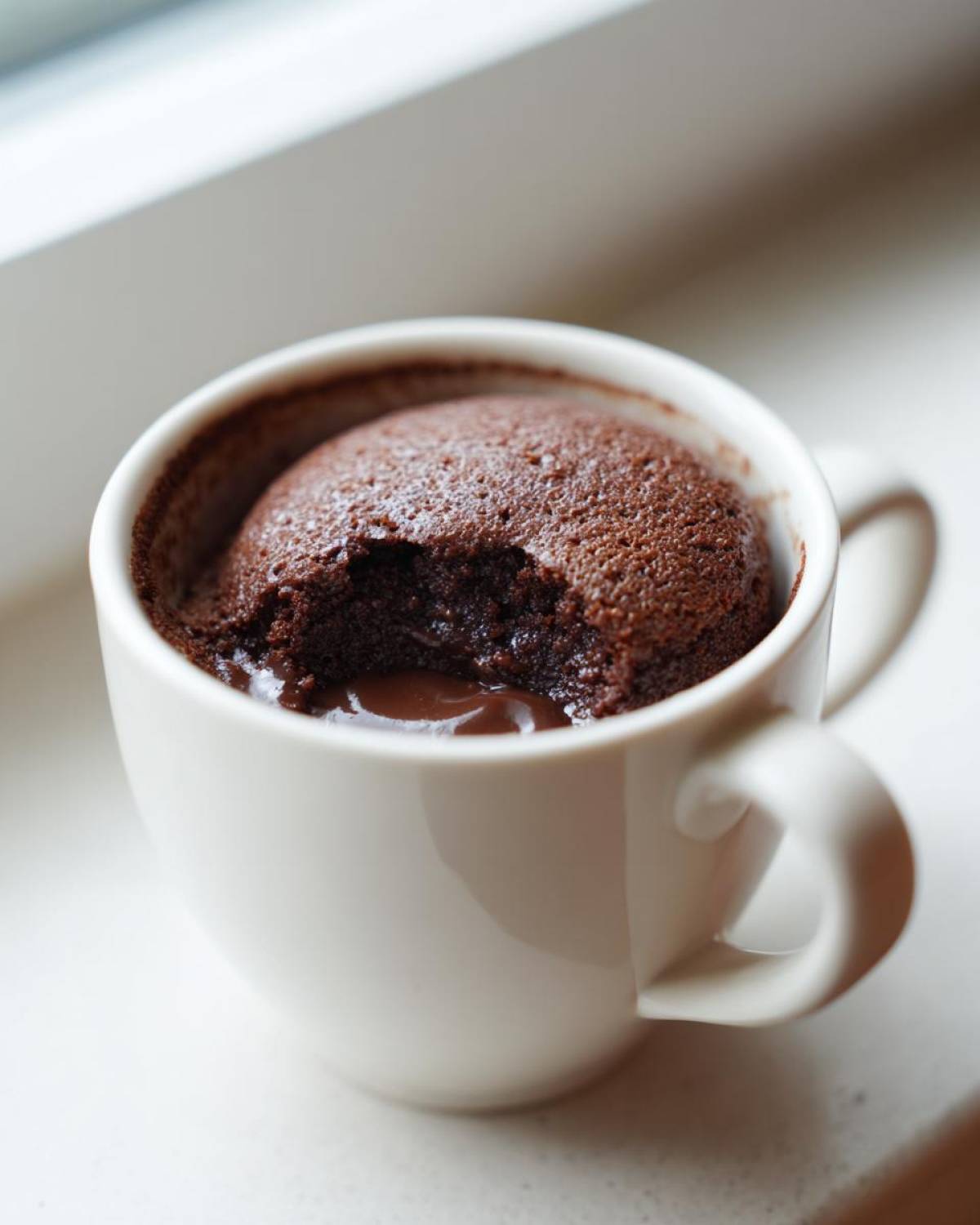 Close-up of a freshly baked Chocolate Lava Mug Cake in a white mug, showing the gooey, molten center where a bite was taken.
