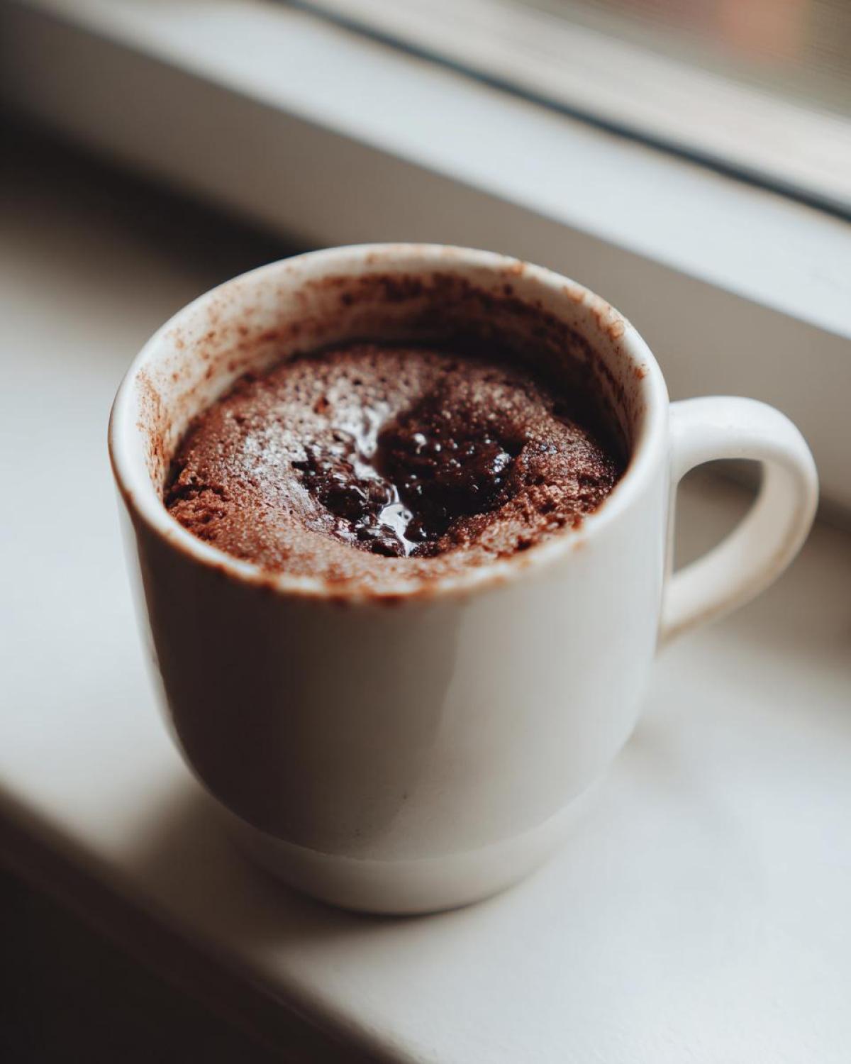 Close-up of a warm Chocolate Lava Mug Cake with a molten center in a white mug sitting on a windowsill.
