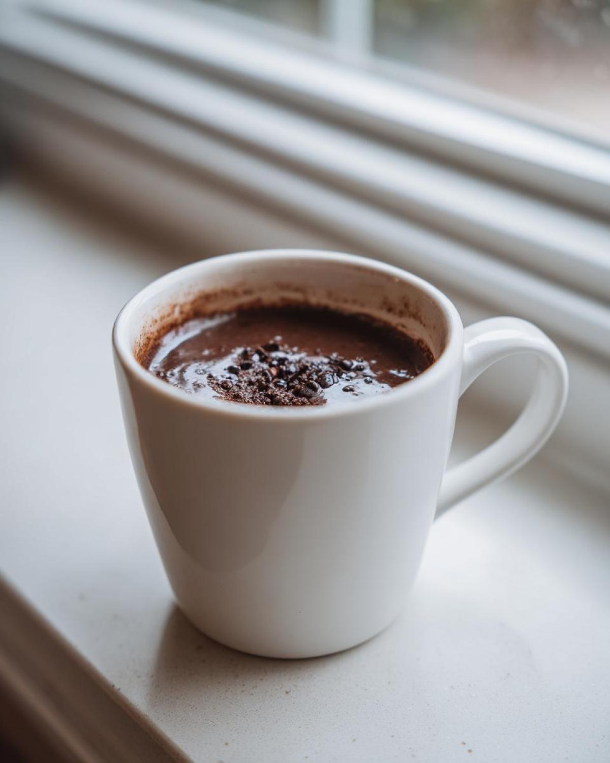 A close-up of a freshly made Chocolate Lava Mug Cake in a white mug, topped with chocolate shavings, sitting on a windowsill.