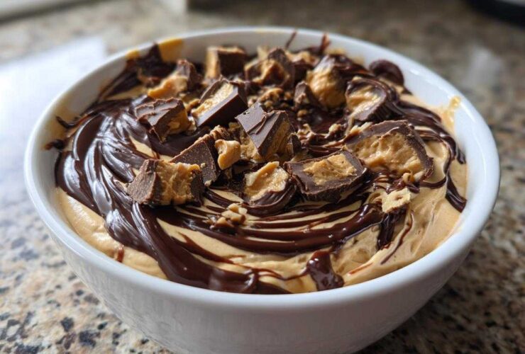 A white bowl filled with creamy Chocolate Peanut Butter Cheesecake Dip, drizzled with chocolate sauce and topped with chopped peanut butter cups.