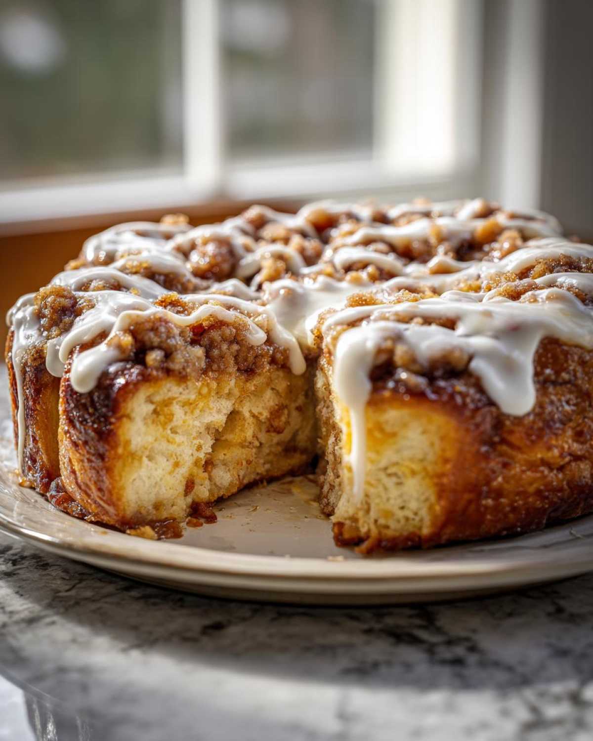 A slice removed from the Cinnamon Roll Overnight French Toast Bake, showing a gooey center and white icing drizzle.