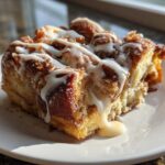 A close-up of a square serving of Cinnamon Roll Overnight French Toast Bake, drizzled with white icing.
