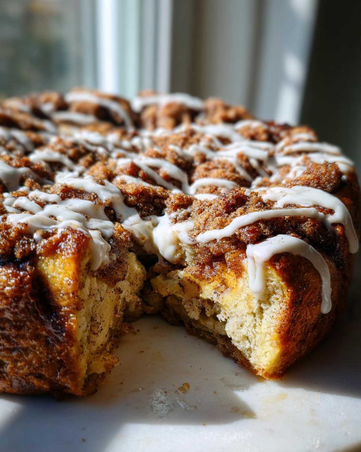 Close-up of a slice taken from the Cinnamon Roll Overnight French Toast Bake, showing gooey interior and icing.