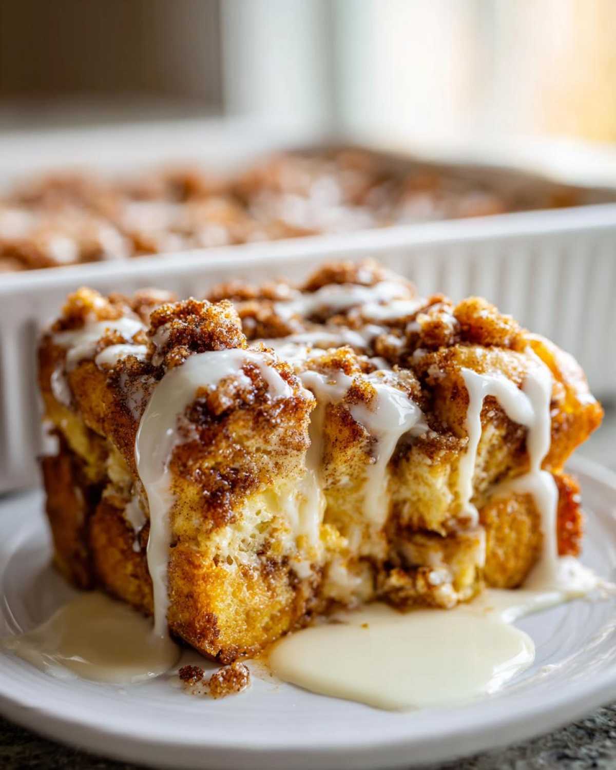 A close-up of a serving of Cinnamon Roll Overnight French Toast Bake drizzled heavily with white icing.