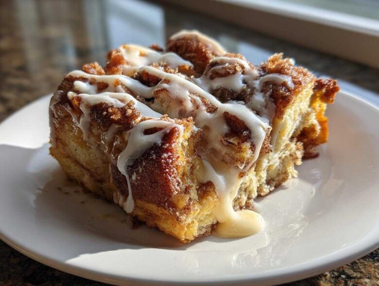 A close-up of a square serving of Cinnamon Roll Overnight French Toast Bake, drizzled with white icing.