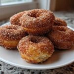 A stack of freshly made Cinnamon Sugar Air Fryer Donuts generously coated in sparkling cinnamon sugar on a white plate.