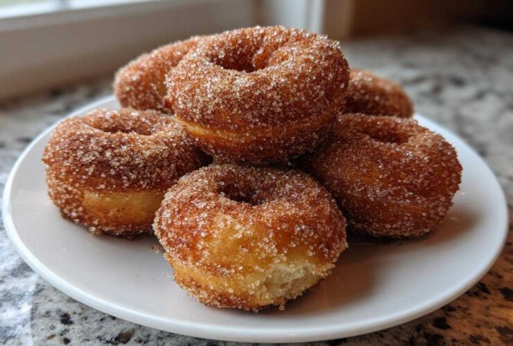 A stack of freshly made Cinnamon Sugar Air Fryer Donuts generously coated in sparkling cinnamon sugar on a white plate.