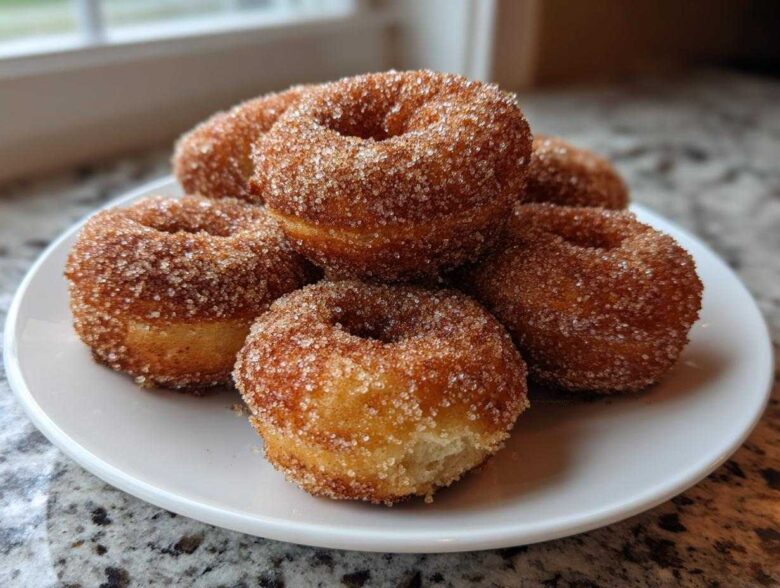 A stack of freshly made Cinnamon Sugar Air Fryer Donuts generously coated in sparkling cinnamon sugar on a white plate.