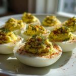 A plate of perfectly prepared Classic Deviled Eggs with Dill Pickle Relish, garnished with dill and paprika.