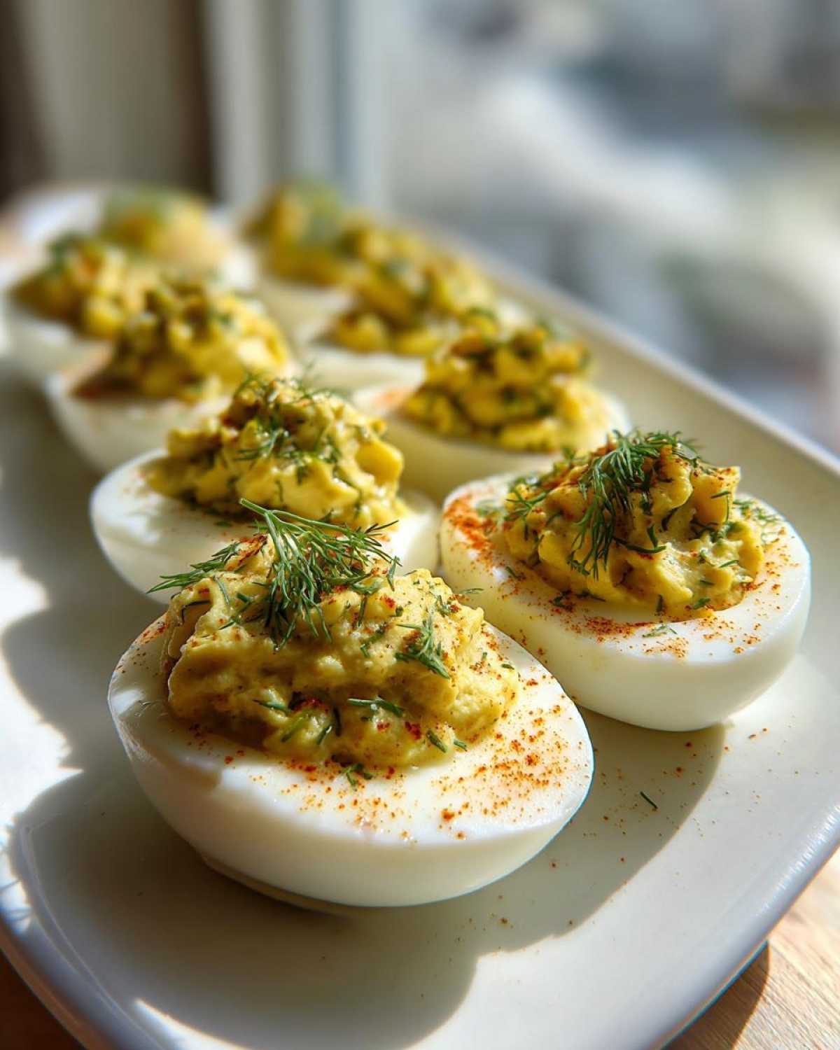 Close-up of Classic Deviled Eggs with Dill Pickle Relish, topped with fresh dill.