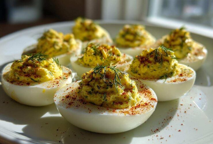 A plate of perfectly prepared Classic Deviled Eggs with Dill Pickle Relish, garnished with dill and paprika.