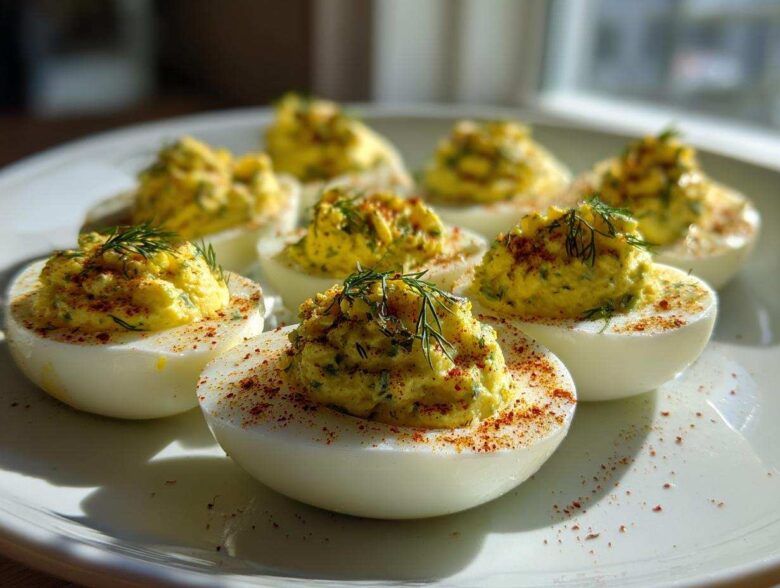 A plate of perfectly prepared Classic Deviled Eggs with Dill Pickle Relish, garnished with dill and paprika.