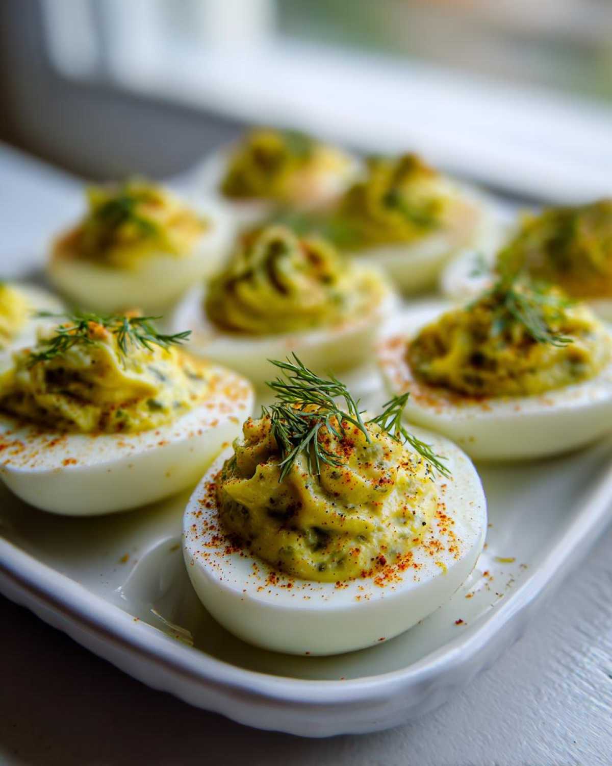 Close-up of Classic Deviled Eggs with Dill Pickle Relish, piped filling, and fresh dill garnish.