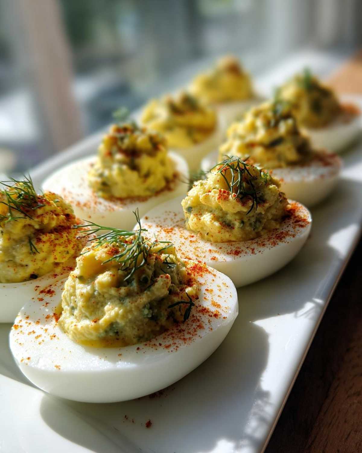 A close-up of several Classic Deviled Eggs with Dill Pickle Relish, garnished with dill and paprika, arranged on a white platter.