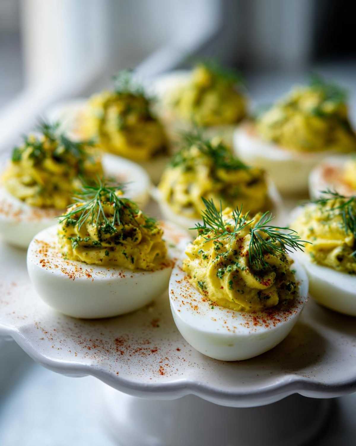 Close-up of several Classic Deviled Eggs with Dill Pickle Relish, piped filling, and fresh dill garnish.