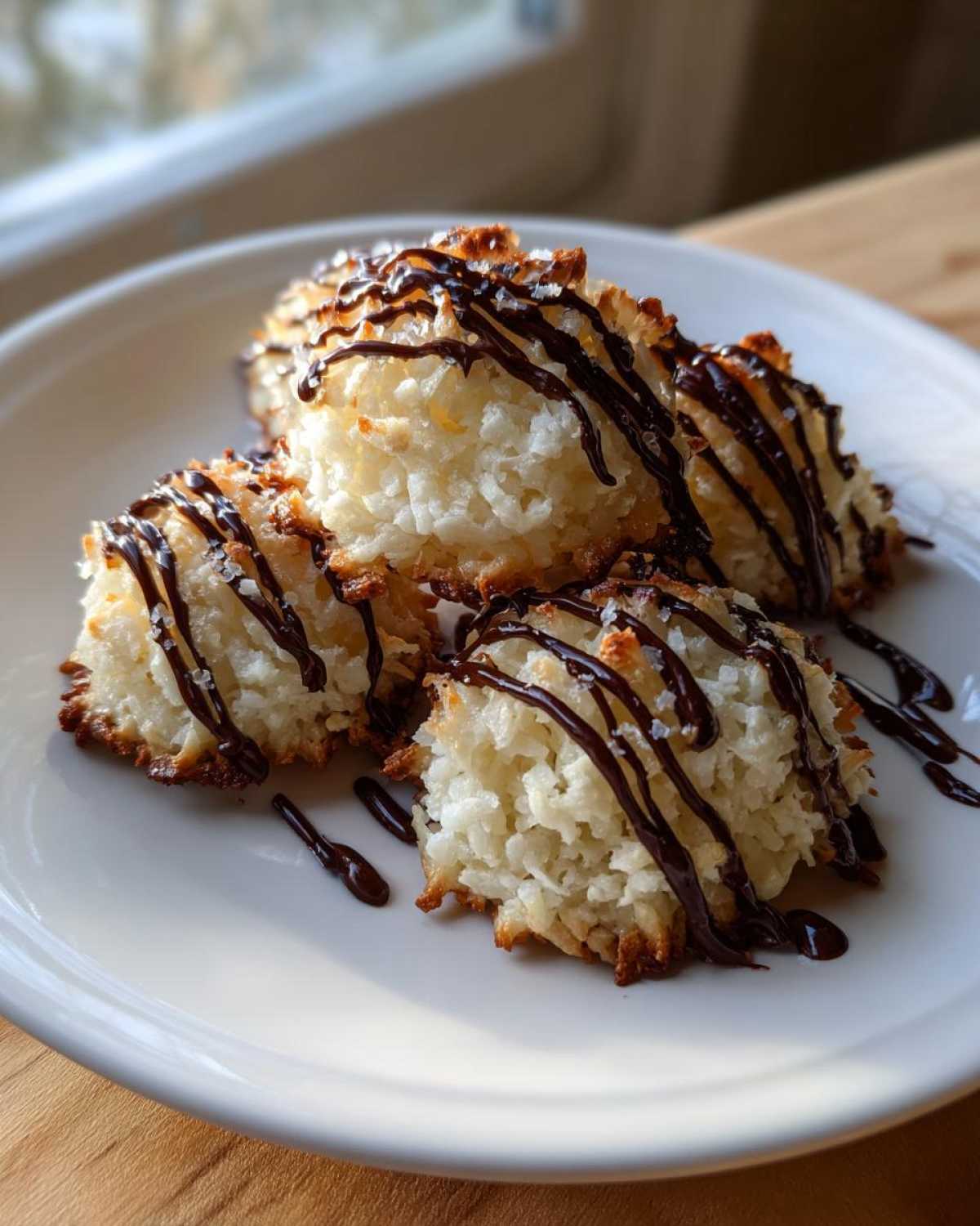 Three golden-brown Coconut Macaroons with Dark Chocolate Drizzle and sea salt flakes on a white plate.