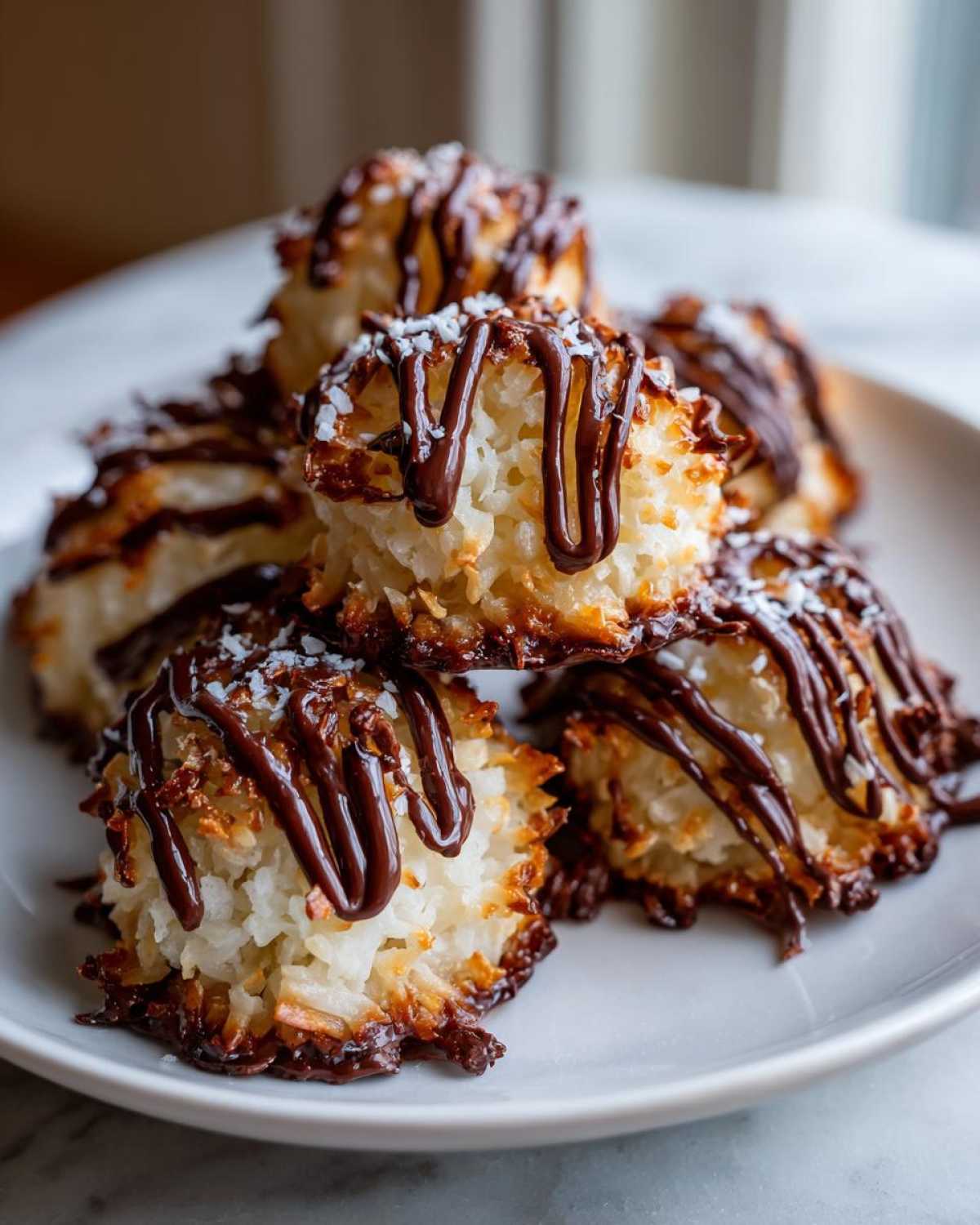 A stack of freshly baked Coconut Macaroons with Dark Chocolate Drizzle on a white plate.