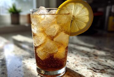 A tall glass filled with ice and dark brown Cold Brew Lemonade, garnished with a bright lemon slice.