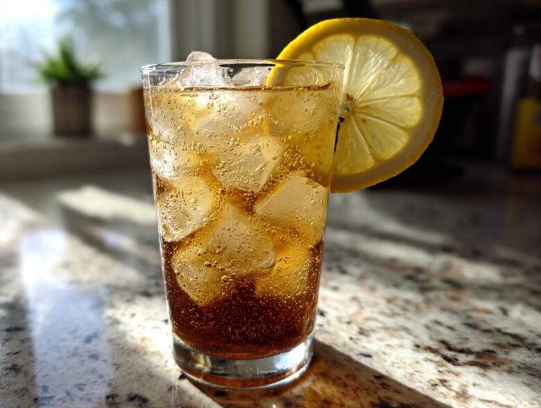 A tall glass filled with ice and dark brown Cold Brew Lemonade, garnished with a bright lemon slice.