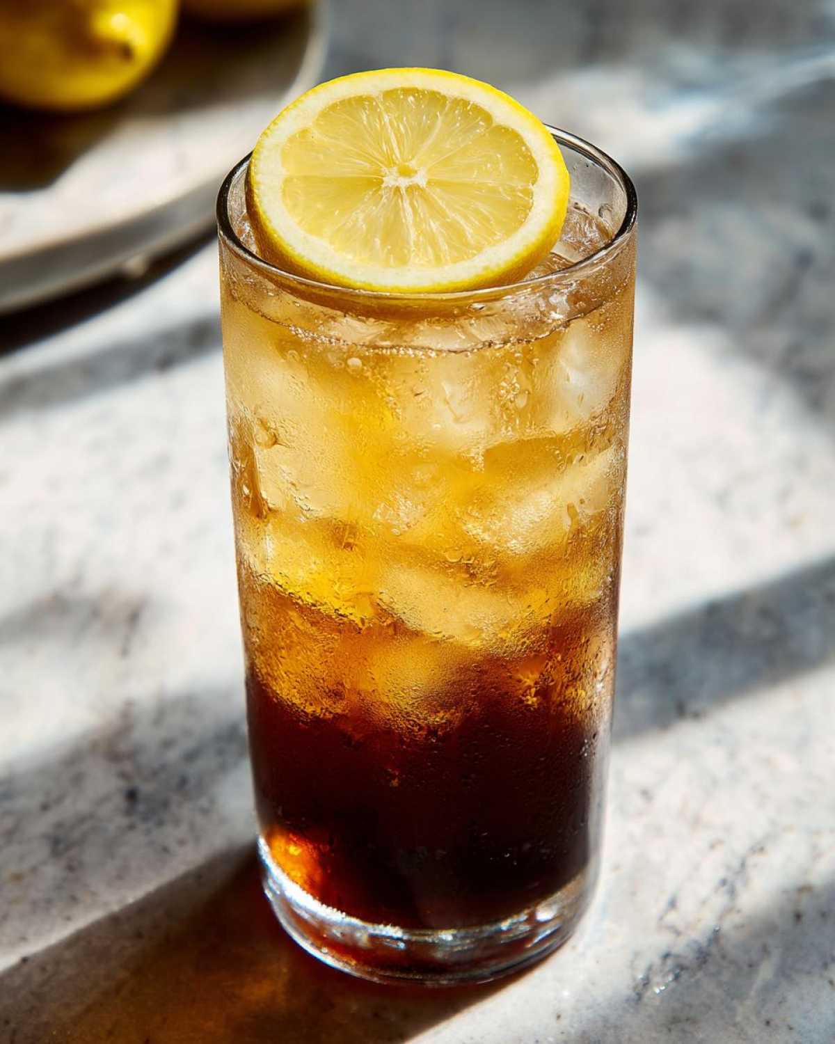 Close-up of a tall glass filled with ice, layered dark Cold Brew Lemonade, and garnished with a fresh lemon slice.