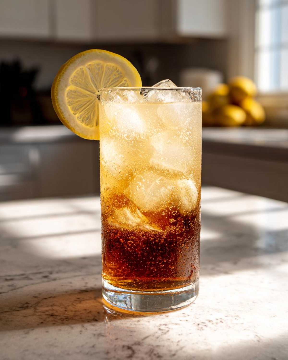A tall glass filled with ice and layered Cold Brew Lemonade, garnished with a lemon slice.