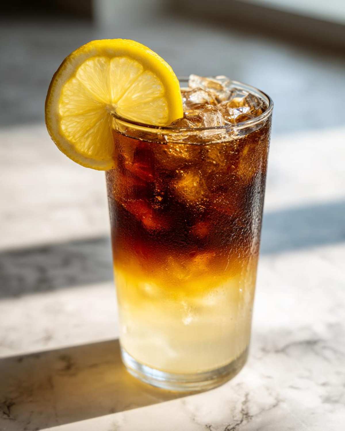 A tall glass of layered Cold Brew Lemonade, topped with ice and a fresh lemon slice.