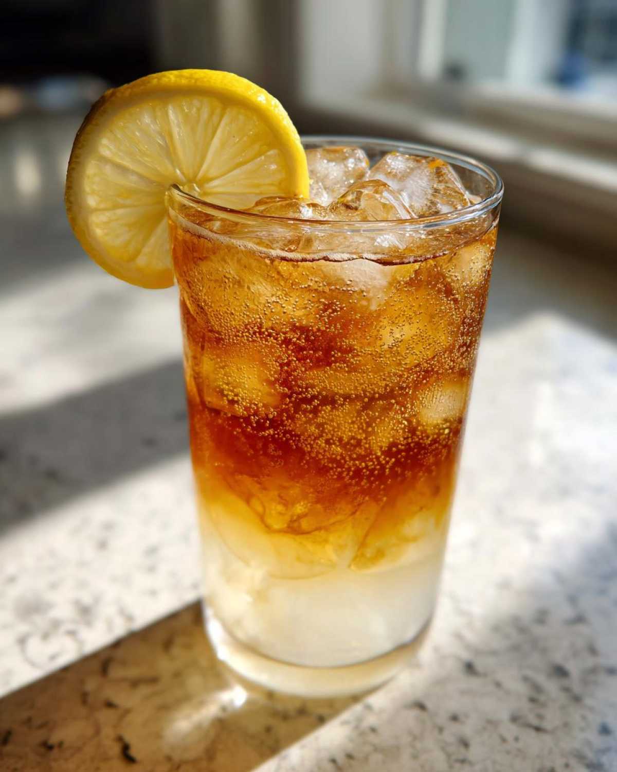 A tall glass filled with ice, showing layered Cold Brew Lemonade, garnished with a fresh lemon slice.